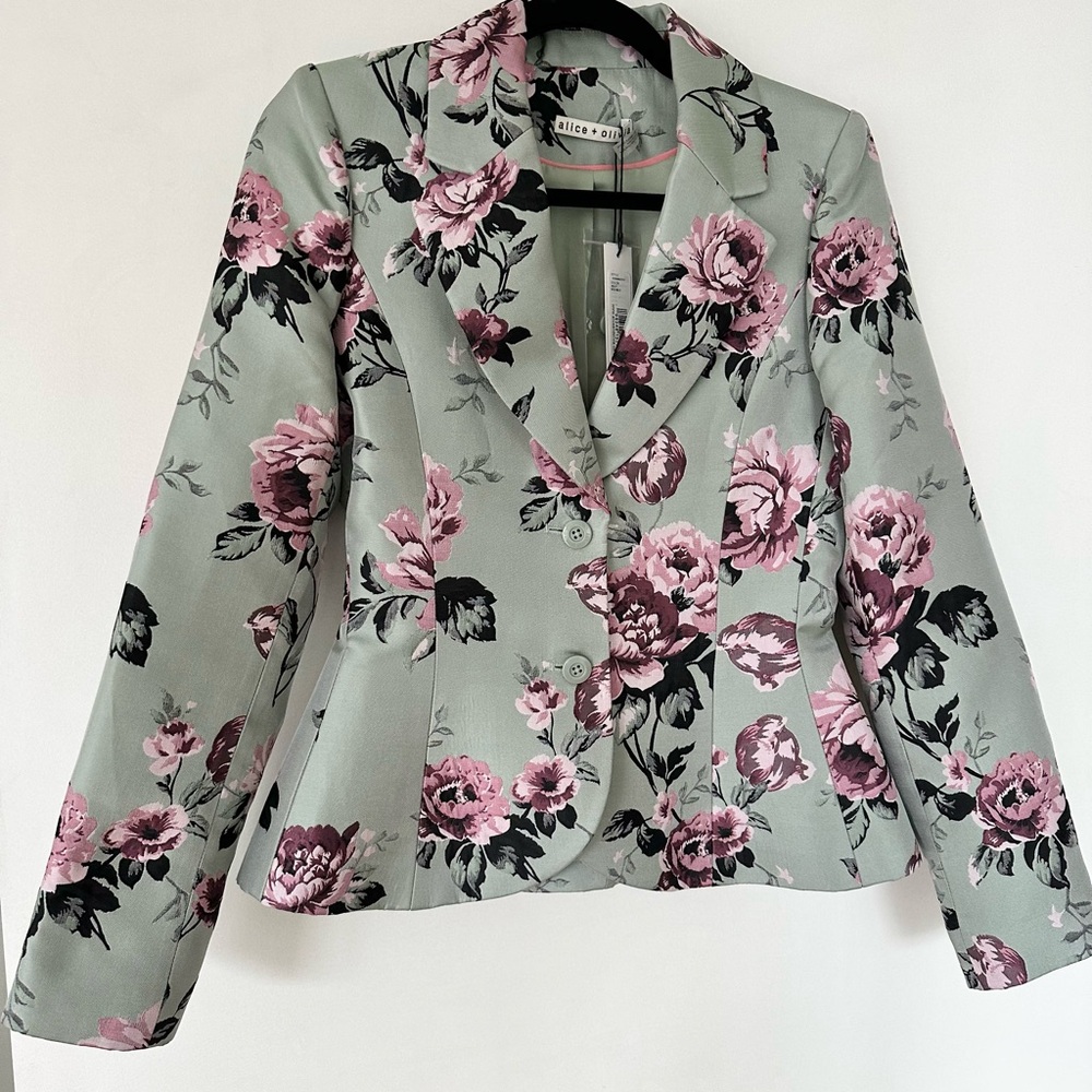 Alice + Olivia Sage Green Blazer with Pink Floral Print